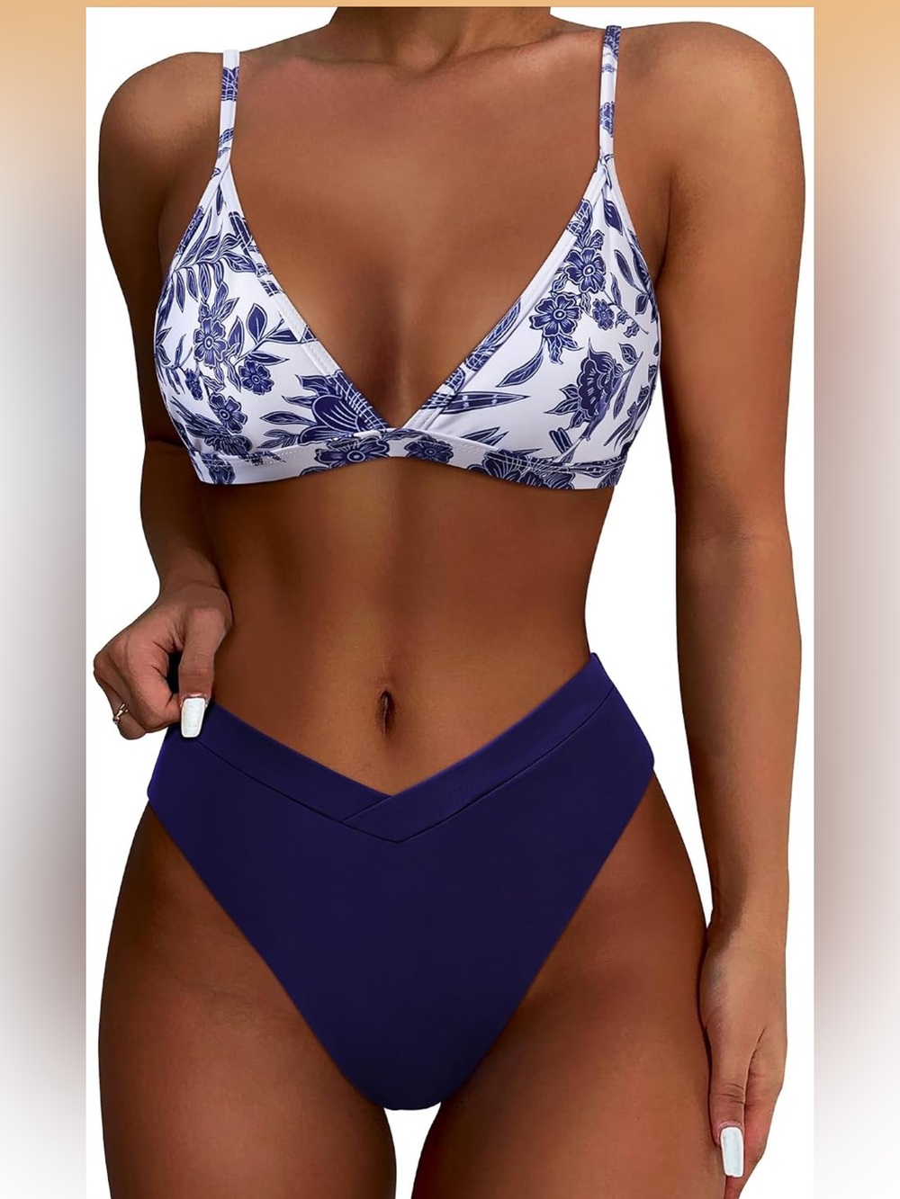 ISH White & Blue Floral Triangle Bikini Top with Navy V-Waist High Cut Bottoms